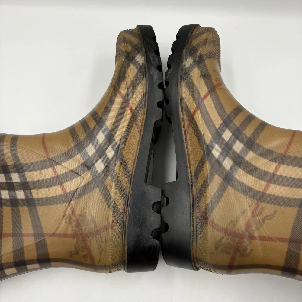 Burberry Rain Boots Women Size 38 Tan Nova Check Tall Haymarket Plaid